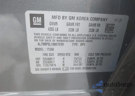 2022 Chevrolet Trailblazer Lt из США, поврежденный, VIN KL79MPSL1NB079781